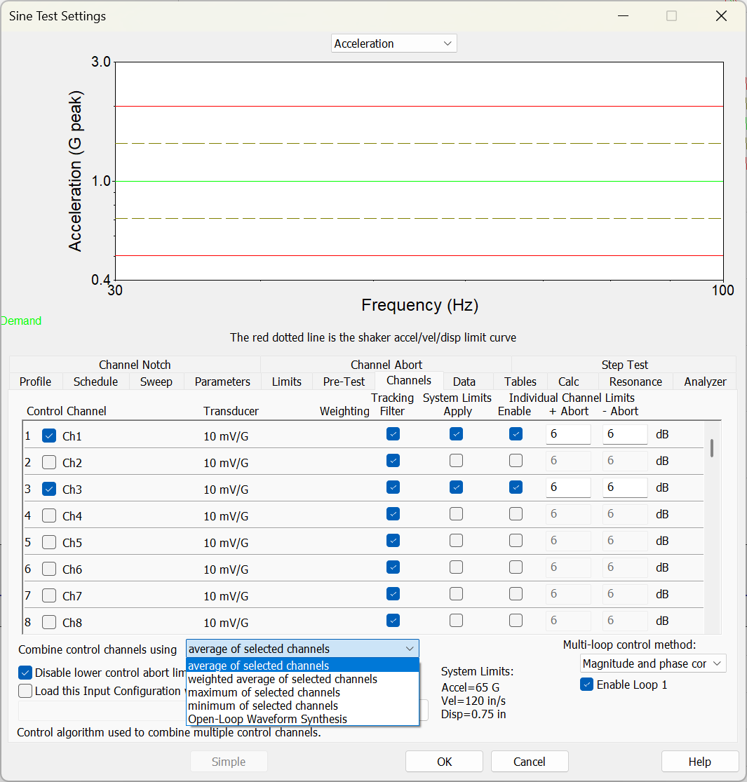 Sine Test Settings dialog displaying the combine control channels drop-down list.